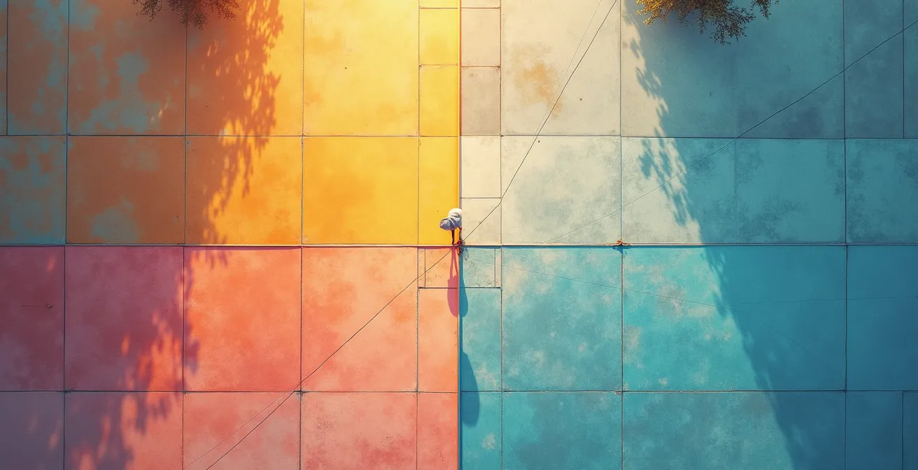 Vue aérienne abstraite d'une ville avec zones colorées représentant les distances perçues