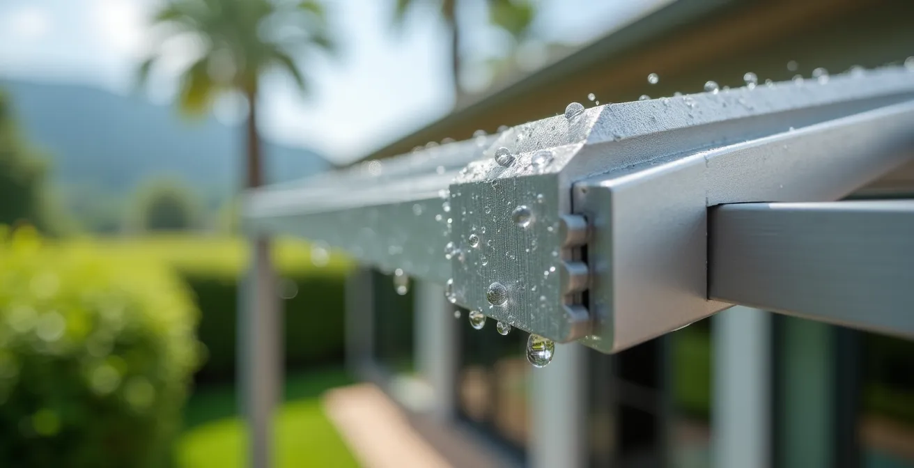 Détail rapproché de la jonction entre lames d'aluminium d'une pergola haut de gamme