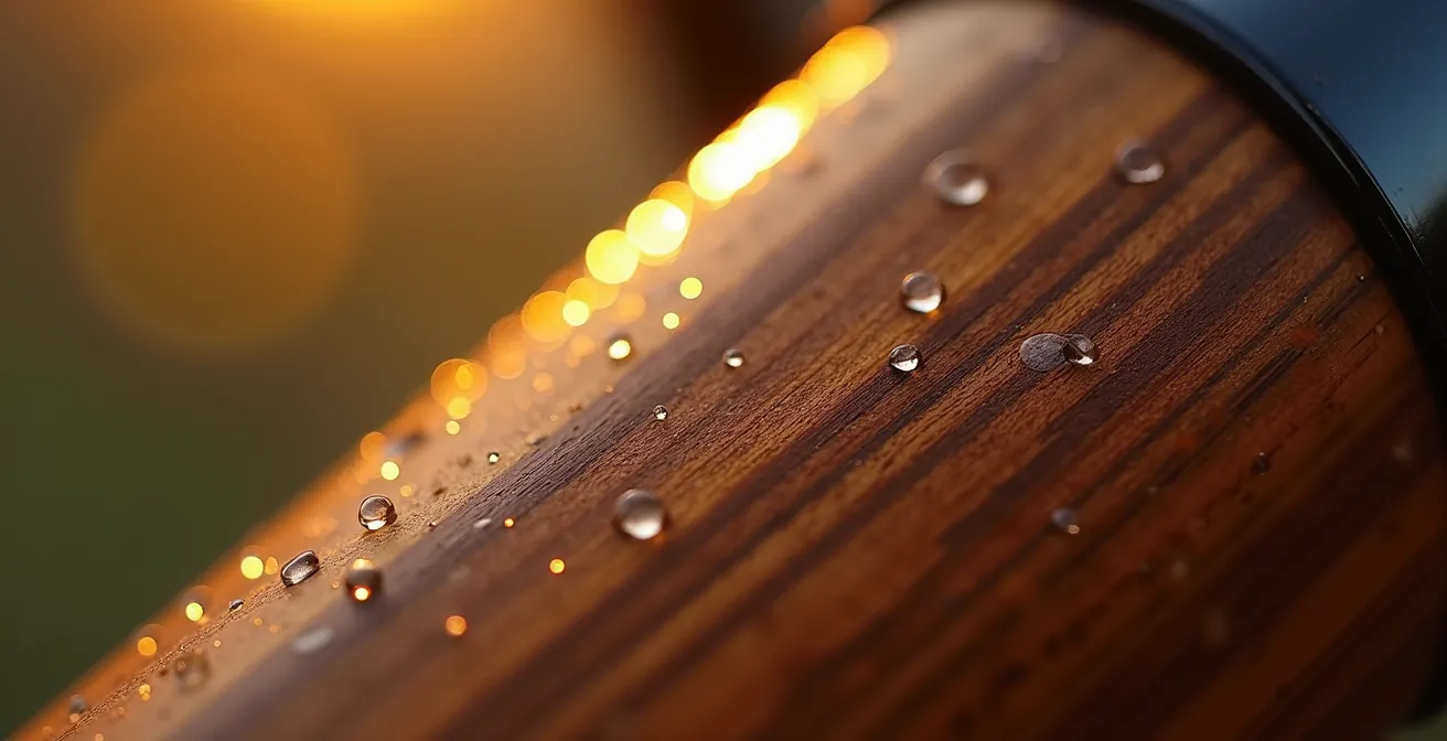 Détail macro de la texture du bois verni d'une caisse de vélo cargo avec reflets dorés
