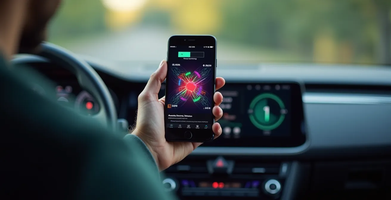 Main tenant smartphone montrant l'interface d'une application de diagnostic batterie avec graphiques colorés