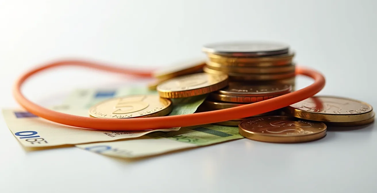 Billets euros et pièces de monnaie empilés avec câble de recharge électrique enroulé