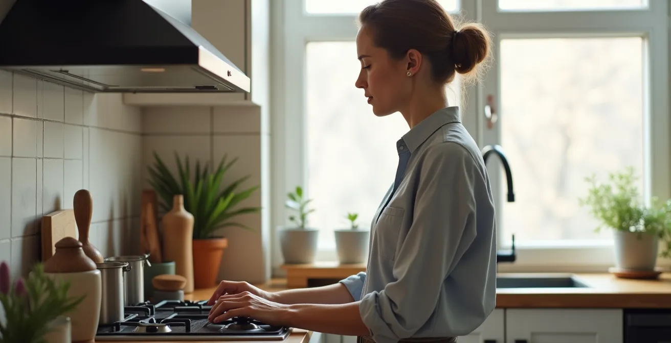Vue de profil d'une personne ajustant la hauteur d'un plan de travail de cuisine