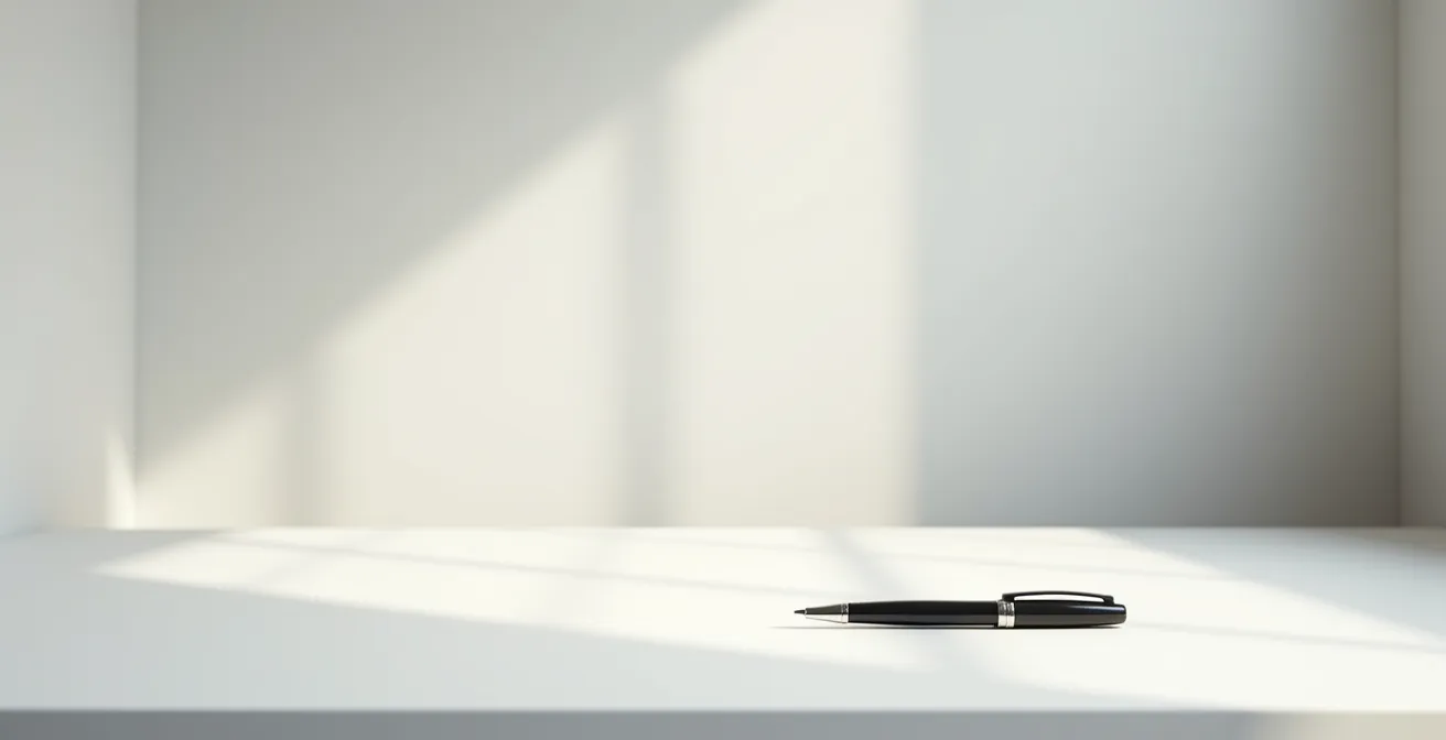 Espace de bureau minimaliste avec documents professionnels et stylo haut de gamme