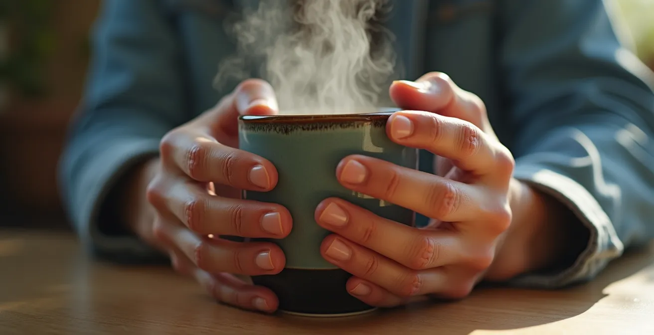 Mains tenant une tasse de café avec espace de travail moderne en arrière-plan flou