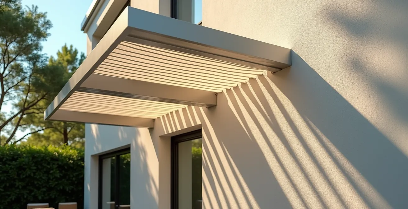 Façade de maison avec pergola bioclimatique créant un ombrage naturel sur les baies vitrées
