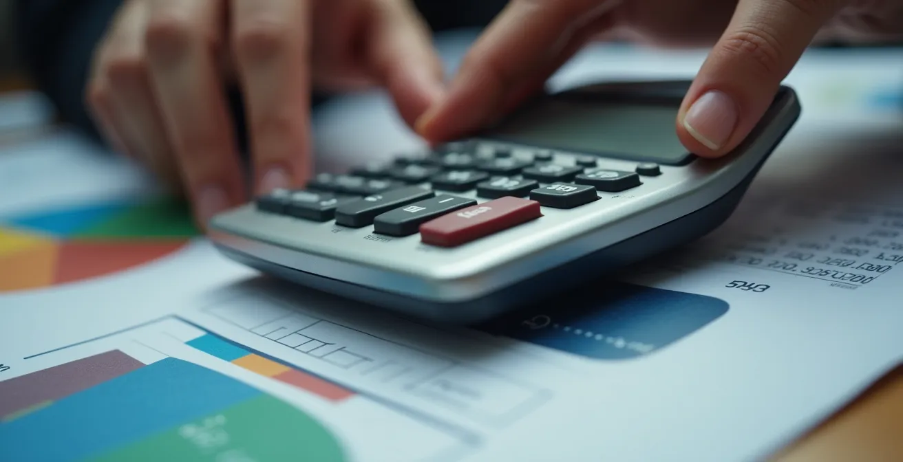 Main tenant une calculatrice moderne avec des papiers de budget automobile