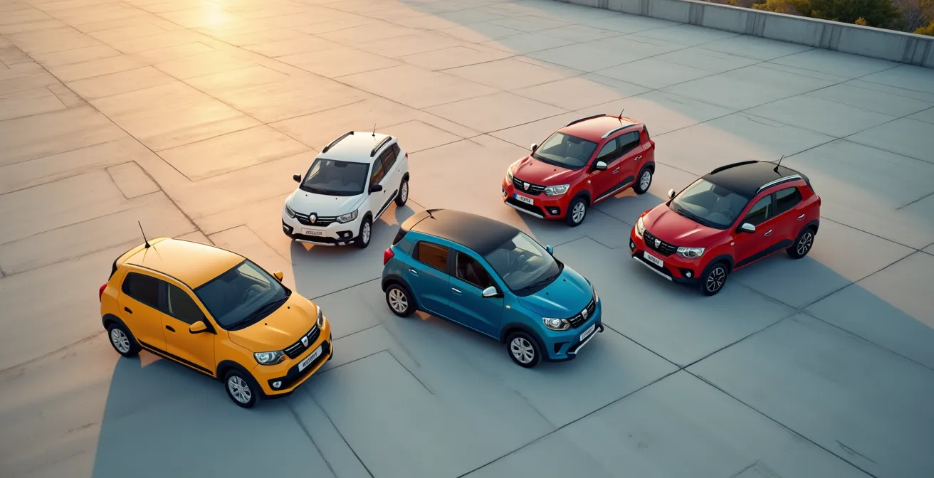 Parc automobile de Dacia Spring d'occasion alignées avec différentes couleurs et années