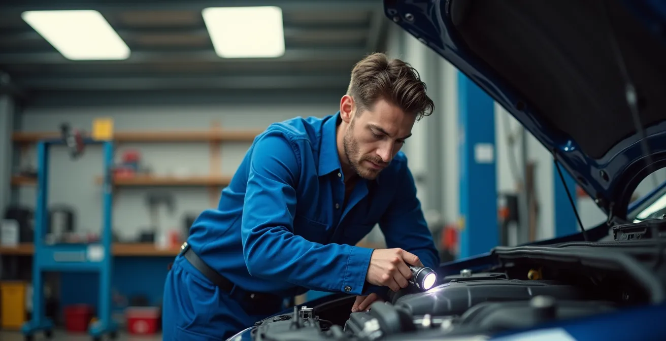 Mécanicien inspectant le moteur d'une Dacia avec une lampe de poche