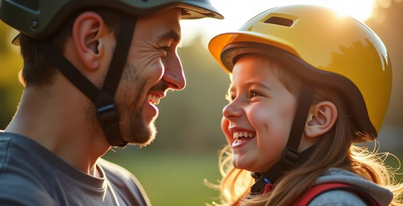 Gros plan sur un parent et son enfant échangeant un regard complice dans un vélo cargo