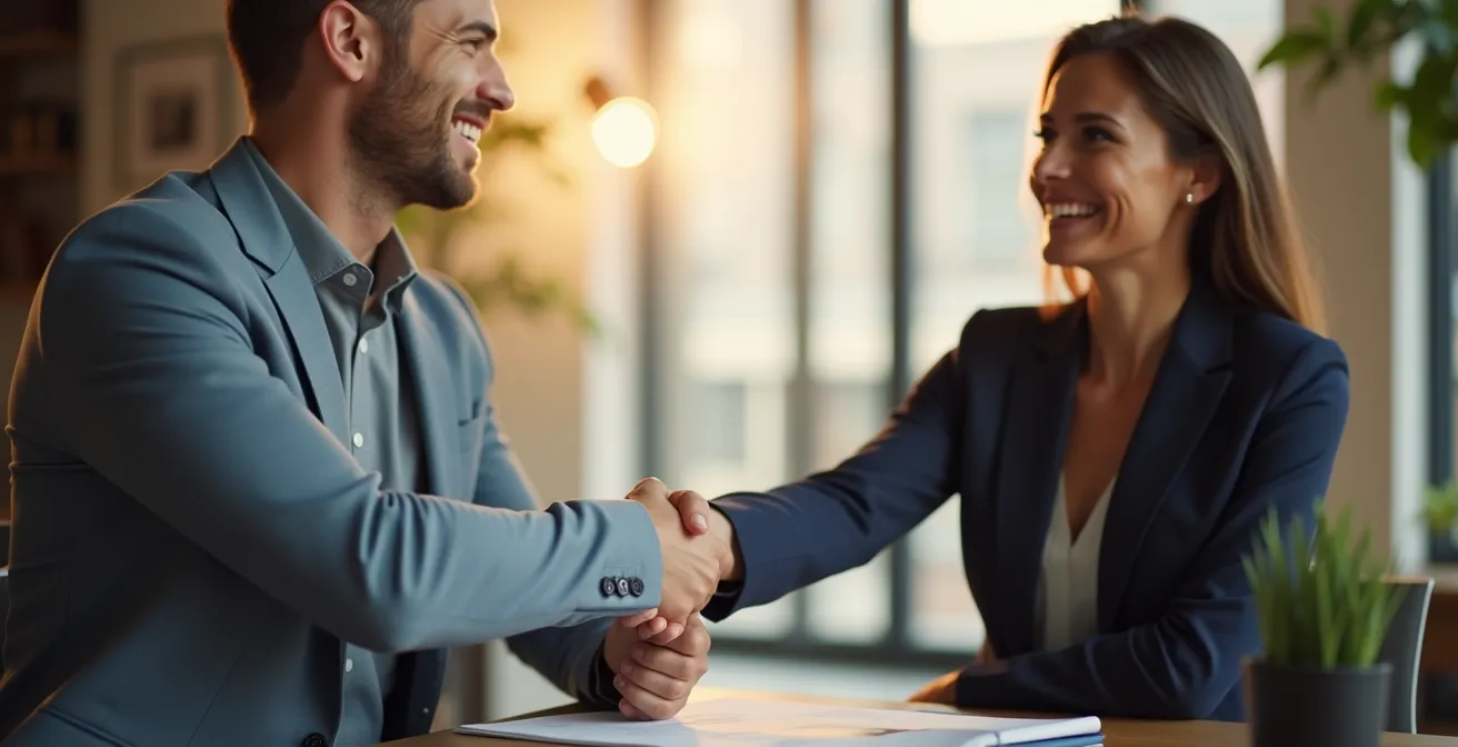 Poignée de main chaleureuse entre professionnels dans un cadre lumineux
