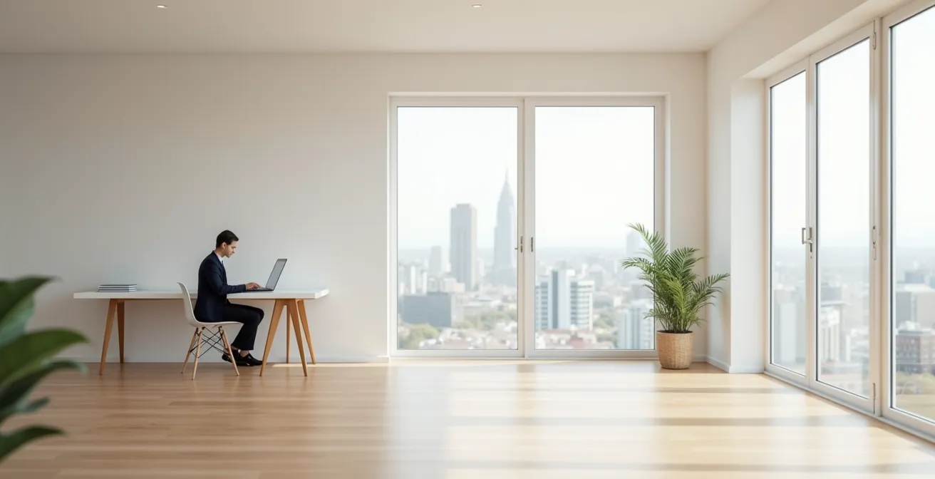 Vue large d'un appartement lumineux avec professionnel travaillant dans un cadre apaisant