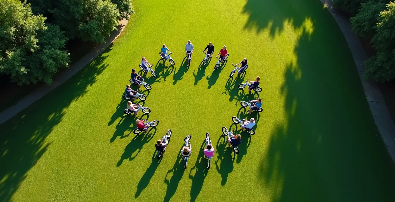 Vue aérienne d'un rassemblement de familles avec leurs vélos cargos dans un parc urbain