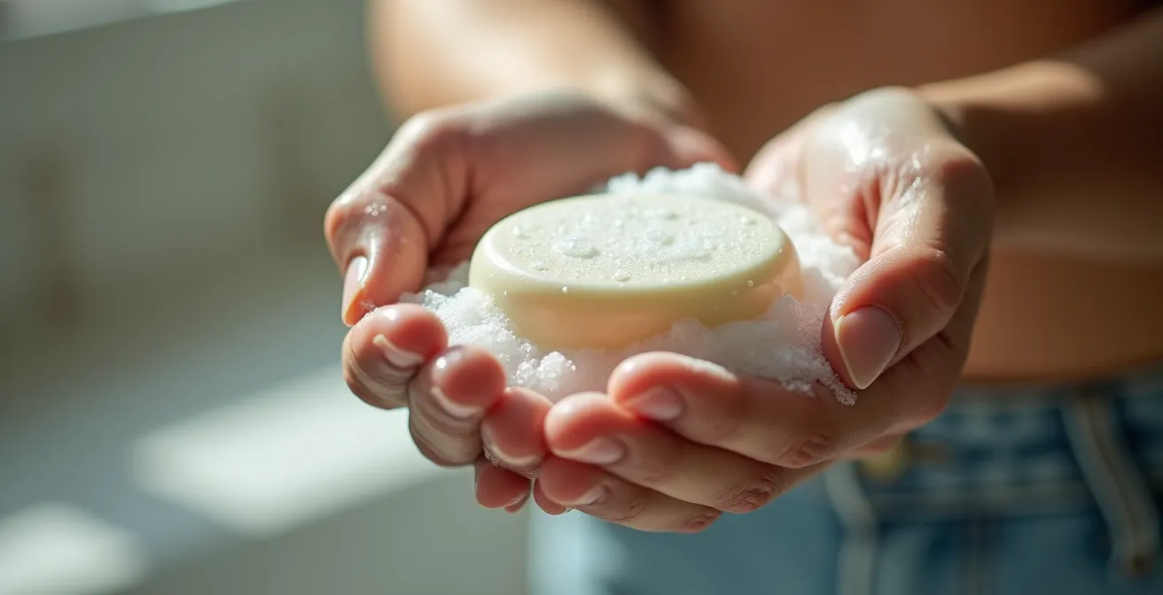 Mains en train de faire mousser délicatement un shampoing solide sous un filet d'eau