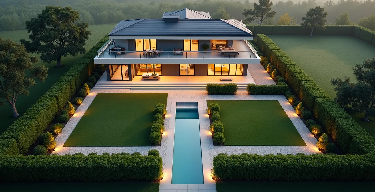 Représentation des trois couches de protection d'une maison avec éclairage de sécurité et barrières naturelles