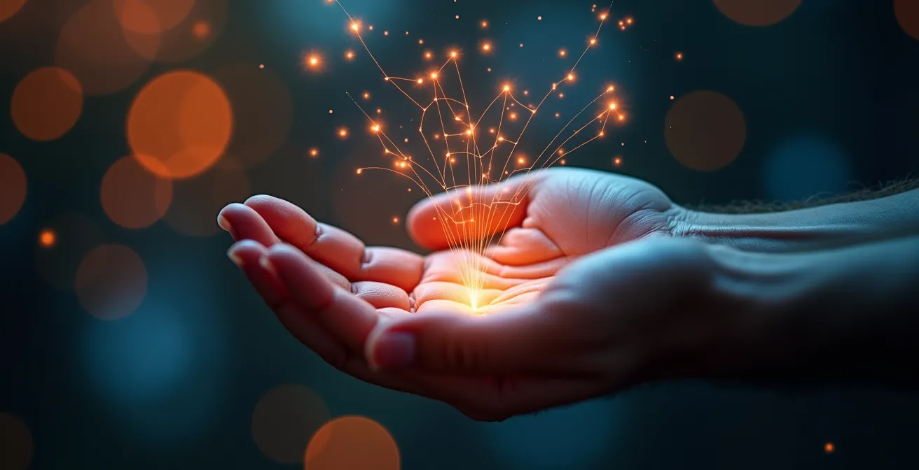 Gros plan sur des mains analysant des motifs lumineux abstraits représentant des données de sécurité