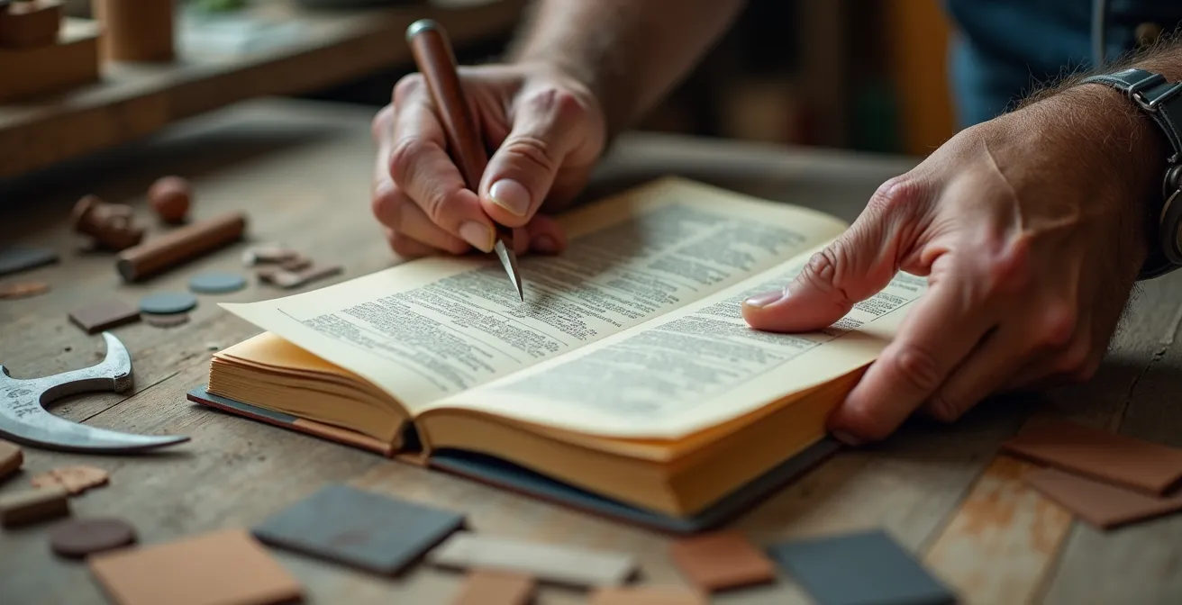Plan macro sur des mains artisanales parcourant un carnet de projets avec des échantillons de matériaux