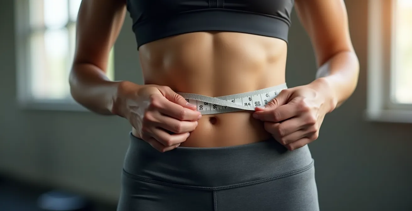 Mains mesurant le tour de taille avec un mètre ruban