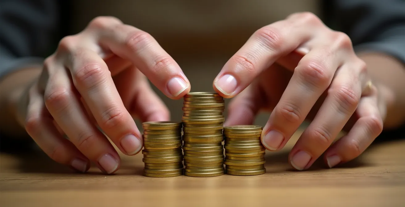 Mains assemblant différentes pièces de monnaie dorées formant une structure