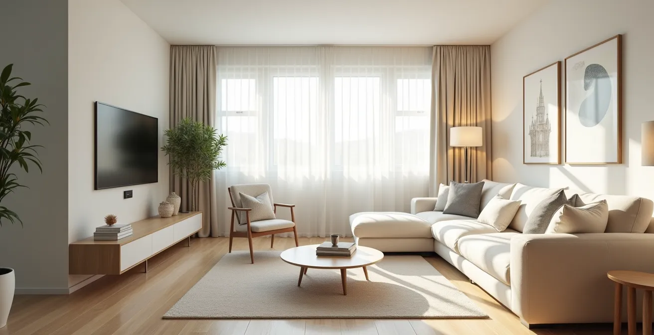 Environnement domestique minimaliste avec dispositifs de sécurité intégrés harmonieusement dans le décor