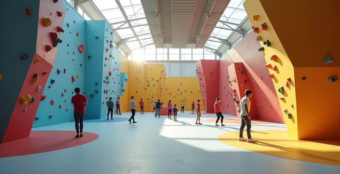 Vue d'ensemble d'un espace d'escalade familial avec zones différenciées
