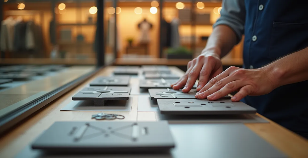 Détail d'une main arrangeant des éléments visuels modulaires dans un environnement commercial