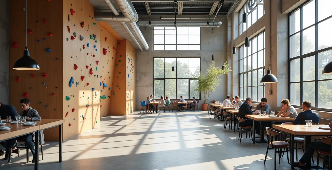 Vue architecturale montrant la transition fluide entre zone d'escalade et espace restauration