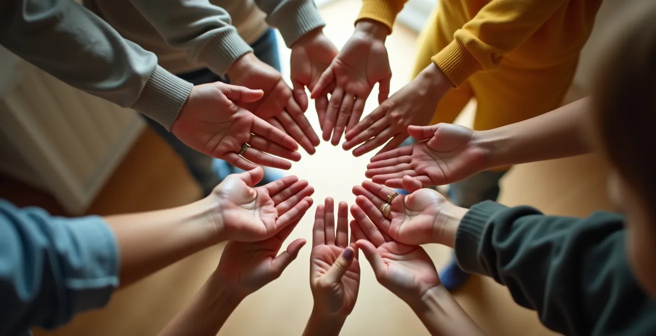 Plusieurs mains de générations différentes se rejoignant au centre, symbolisant la gestion familiale de la sécurité