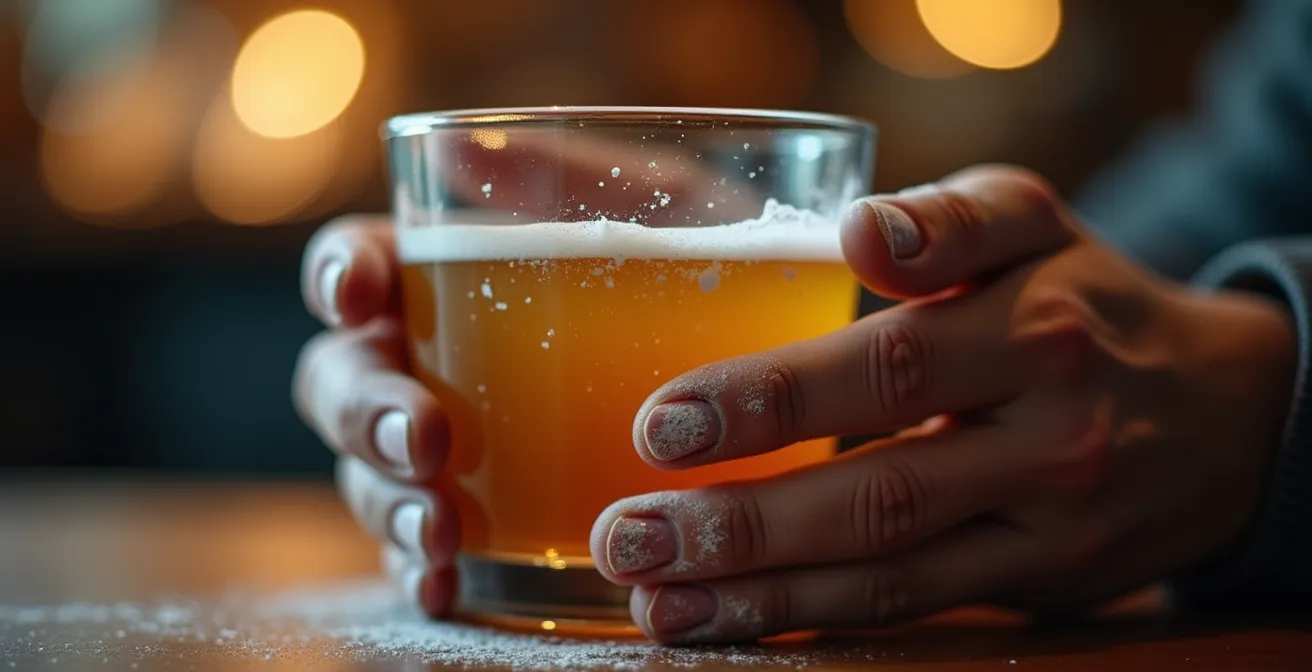 Gros plan sur des mains de grimpeur tenant un verre artisanal avec magnésie visible