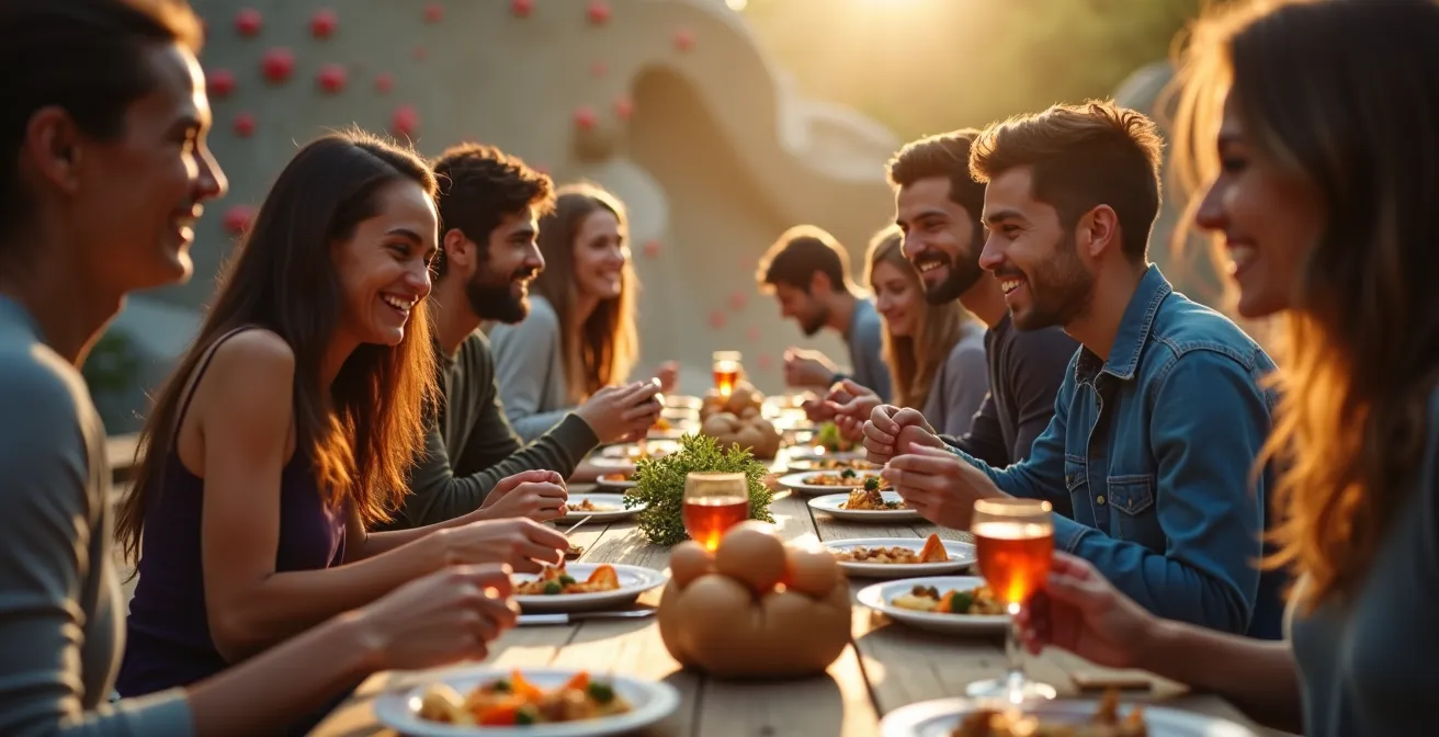 Rassemblement festif mélangeant grimpeurs et familles dans un espace convivial