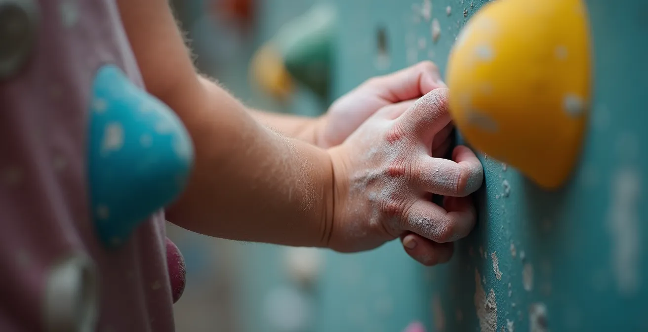 Gros plan sur les mains d'un enfant et d'un parent sur une prise d'escalade