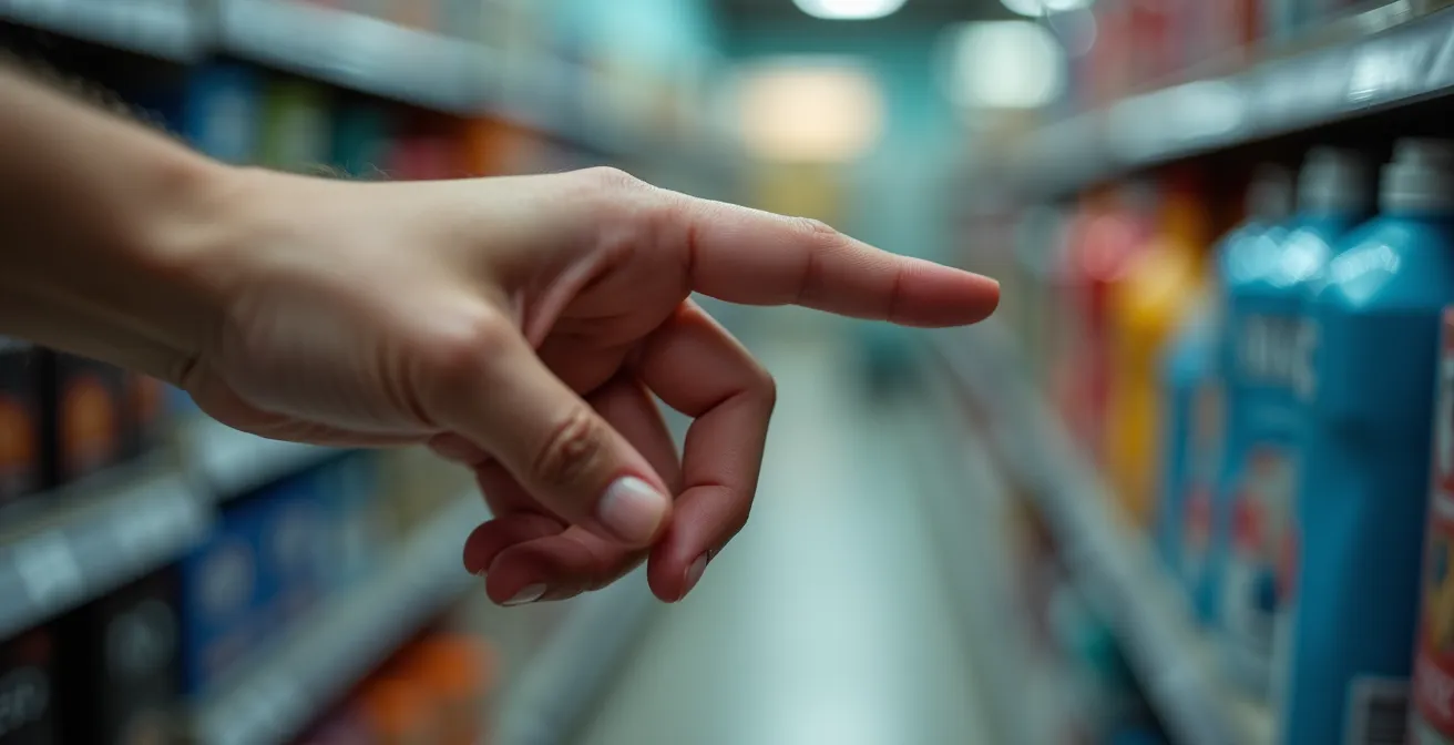 Gros plan sur une main saisissant un produit dans un environnement retail lumineux
