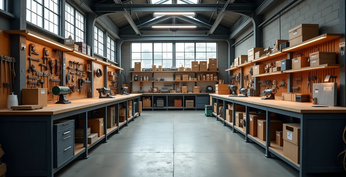 Vue d'ensemble d'un atelier d'artisan avec outils professionnels et espace de travail organisé