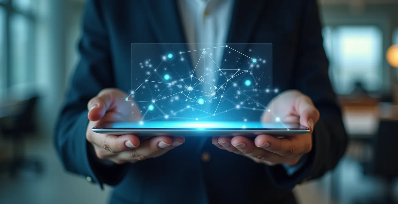 Main analysant des données énergétiques sur tablette avec graphiques holographiques