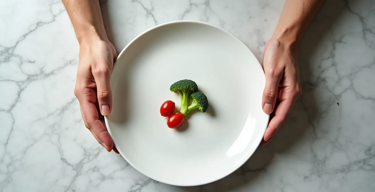 Mains tenant une assiette presque vide avec seulement quelques légumes, expression de tension dans les doigts crispés