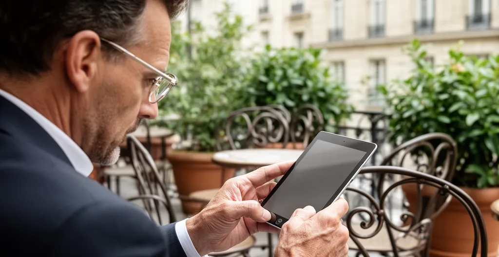 Homme portant des lunettes rectangulaires consultant sa tablette en terrasse de café