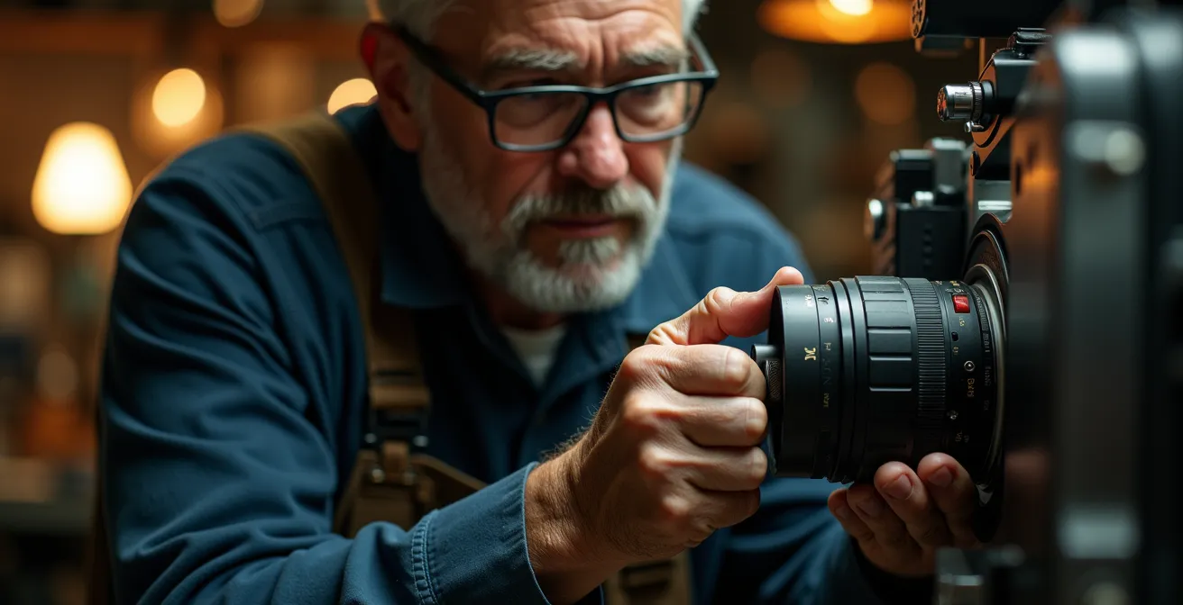 Mains d'un technicien ajustant une optique cinéma professionnelle