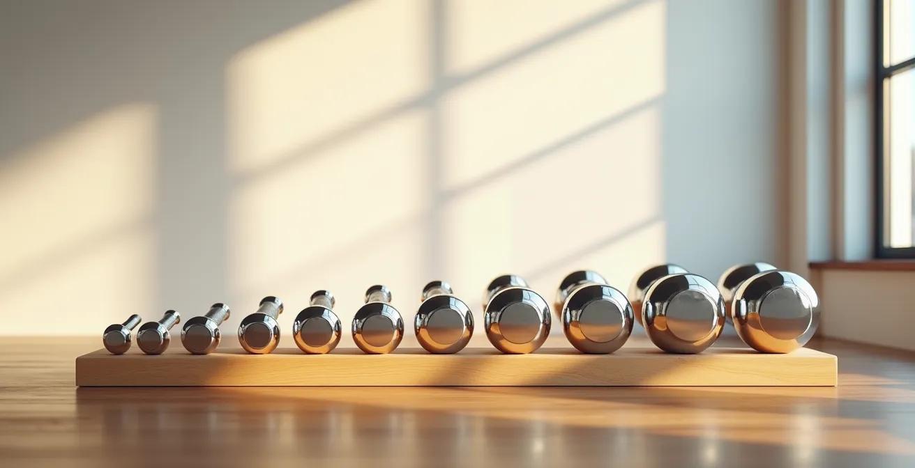 Ensemble d'haltères alignés du plus léger au plus lourd sur un support en bois dans une lumière dorée de fin d'après-midi