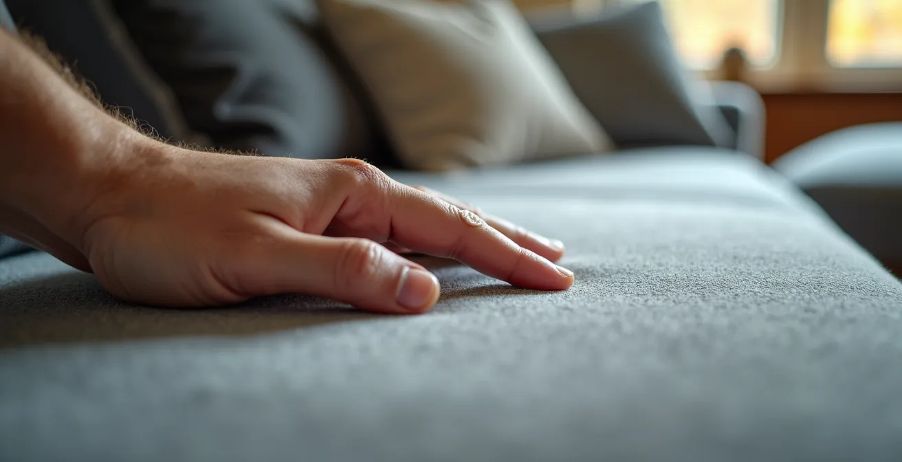 Gros plan sur une main testant la fermeté d'un matelas de canapé convertible