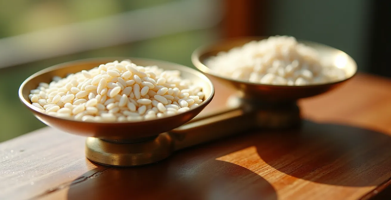 Détail extrême d'une balance vintage en laiton parfaitement équilibrée avec des grains de riz d'un côté