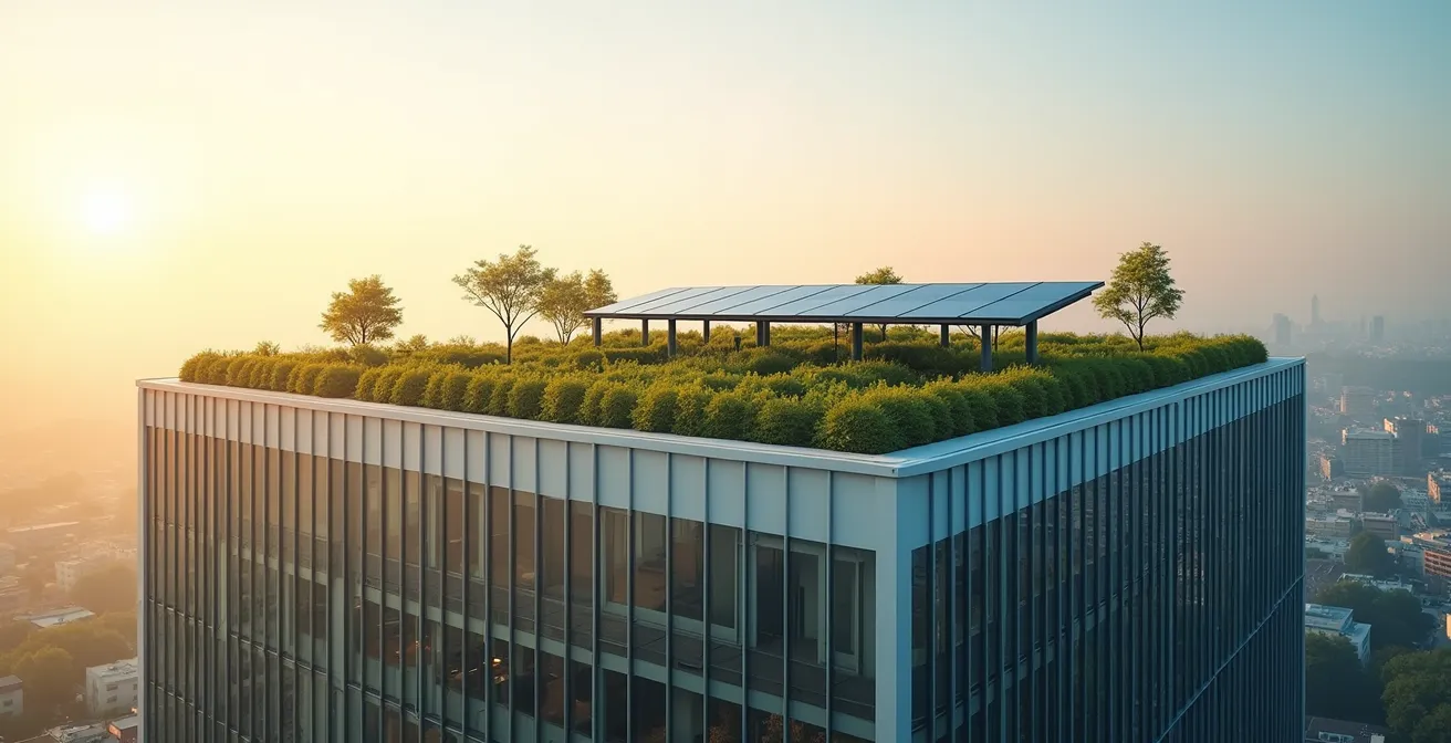Bâtiment moderne avec panneaux solaires intégrés et végétation sur les toits