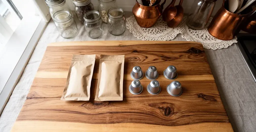 Dosettes souples et capsules aluminium côte à côte pour comparaison