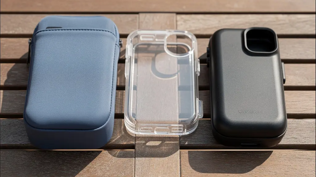 Trois types de protections pour appareil photo alignés sur une table en bois