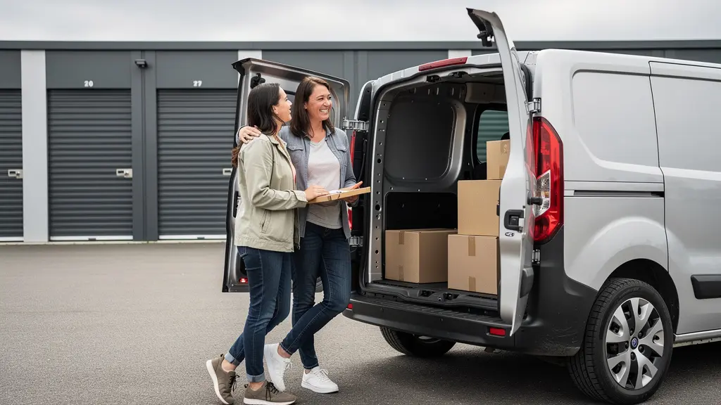 Couple chargeant des cartons devant un centre de stockage alsacien
