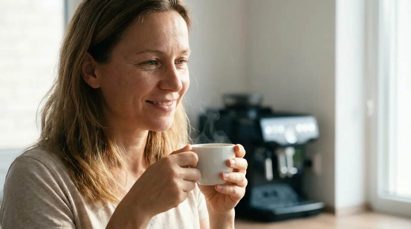 Consommatrice savourant son café du matin avec dosettes Senseo compatibles