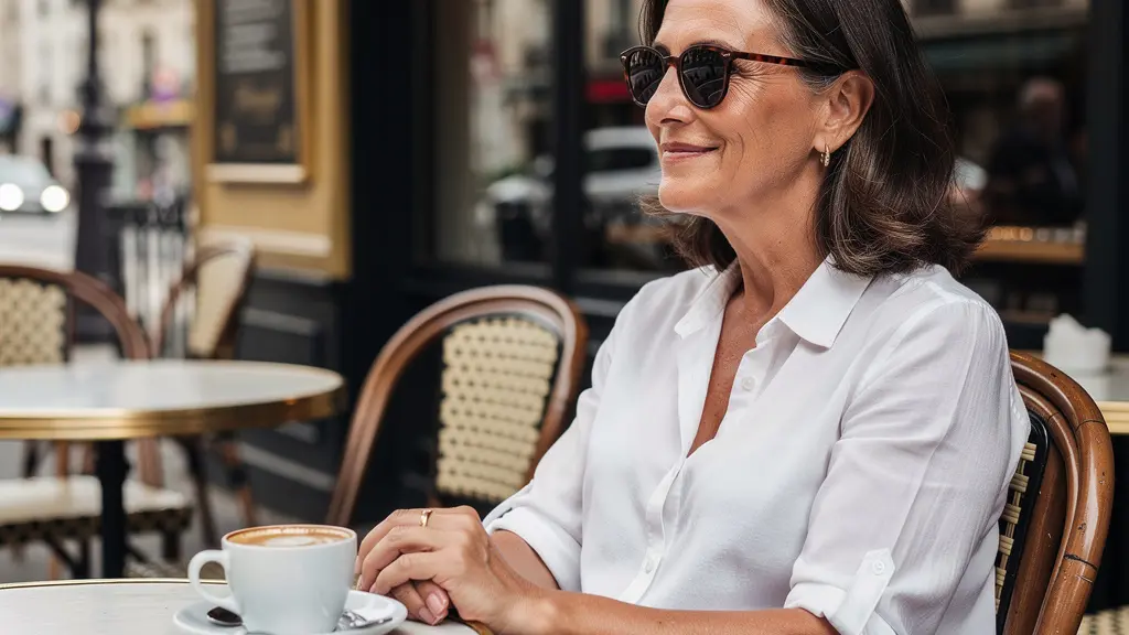 Femme élégante portant des lunettes de soleil sur terrasse café parisien