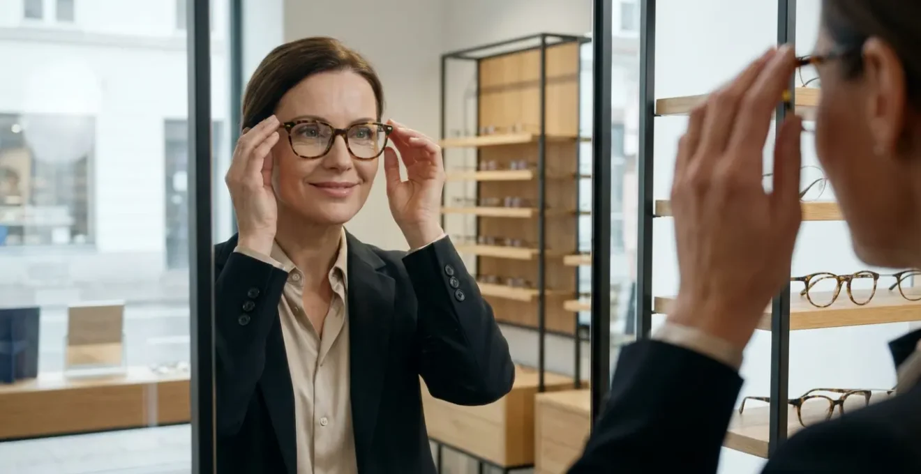 Essayage lunettes de vue Gucci devant miroir en boutique