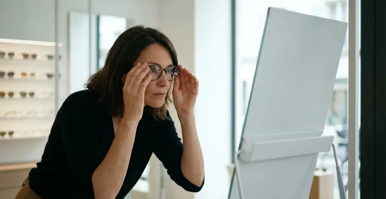 Cliente essayant des lunettes Prada dans une boutique optique moderne