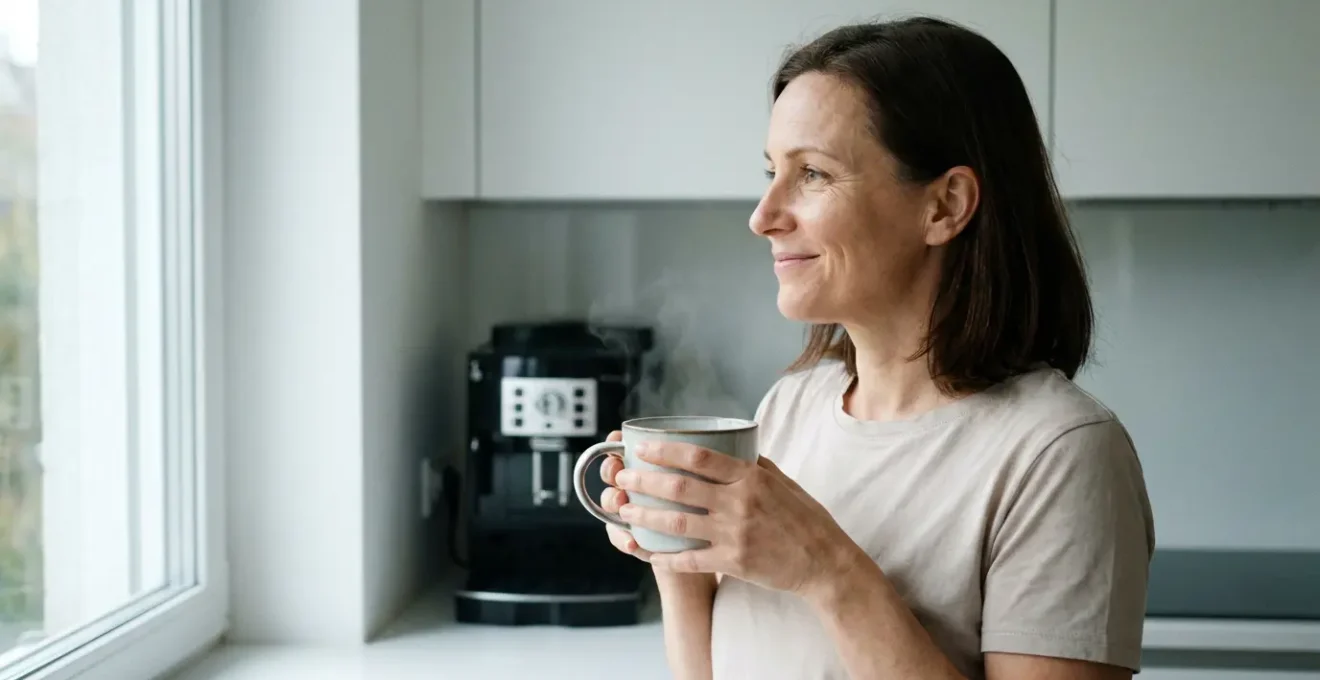 Femme savourant son café Senseo du matin dans une cuisine lumineuse
