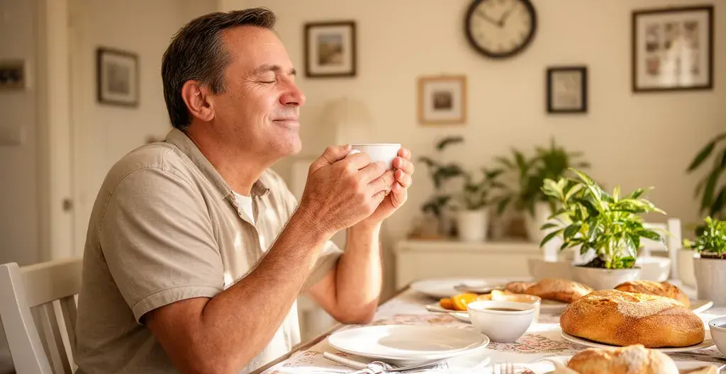 Homme savourant l'arôme de son café les yeux fermés