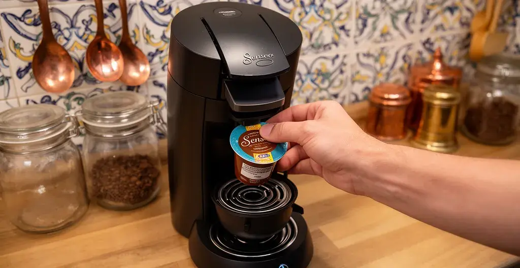 Main insérant une dosette souple dans une machine Senseo